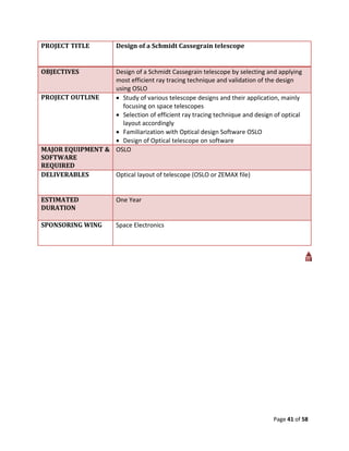 PROJECT TITLE           Design of a Schmidt Cassegrain telescope


OBJECTIVES        Design of a Schmidt Cassegrain telescope by selecting and applying
                  most efficient ray tracing technique and validation of the design
                  using OSLO
PROJECT OUTLINE    Study of various telescope designs and their application, mainly
                     focusing on space telescopes
                   Selection of efficient ray tracing technique and design of optical
                     layout accordingly
                   Familiarization with Optical design Software OSLO
                   Design of Optical telescope on software
MAJOR EQUIPMENT & OSLO
SOFTWARE
REQUIRED
DELIVERABLES      Optical layout of telescope (OSLO or ZEMAX file)


ESTIMATED               One Year
DURATION

SPONSORING WING         Space Electronics




                                                                            Page 41 of 58
 