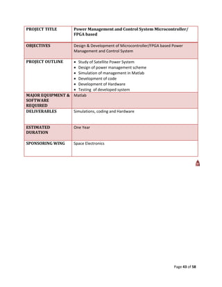 PROJECT TITLE        Power Management and Control System Microcontroller/
                     FPGA based

OBJECTIVES           Design & Development of Microcontroller/FPGA based Power
                     Management and Control System

PROJECT OUTLINE    Study of Satellite Power System
                   Design of power management scheme
                   Simulation of management in Matlab
                   Development of code
                   Development of Hardware
                   Testing of developed system
MAJOR EQUIPMENT & Matlab
SOFTWARE
REQUIRED
DELIVERABLES      Simulations, coding and Hardware


ESTIMATED            One Year
DURATION

SPONSORING WING      Space Electronics




                                                                        Page 43 of 58
 