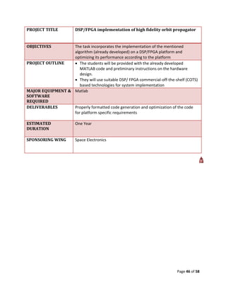 PROJECT TITLE          DSP/FPGA implementation of high fidelity orbit propagator


OBJECTIVES        The task incorporates the implementation of the mentioned
                  algorithm (already developed) on a DSP/FPGA platform and
                  optimizing its performance according to the platform
PROJECT OUTLINE    The students will be provided with the already developed
                     MATLAB code and preliminary instructions on the hardware
                     design.
                   They will use suitable DSP/ FPGA commercial-off-the-shelf (COTS)
                     based technologies for system implementation
MAJOR EQUIPMENT & Matlab
SOFTWARE
REQUIRED
DELIVERABLES      Properly formatted code generation and optimization of the code
                  for platform specific requirements

ESTIMATED              One Year
DURATION

SPONSORING WING        Space Electronics




                                                                         Page 46 of 58
 