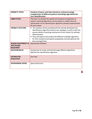 PROJECT TITLE     Analysis of space and time (memory and processing)
                  complexities of different pattern matching algorithms for
                  star identification
OBJECTIVES        The task is to analyze the spatial and temporal complexities of
                  pattern matching algorithms and to extend or modify them for
                  optimization of star identification algorithm (already implemented)
                  for star tracker
PROJECT OUTLINE    The students will be provided with the already developed star
                     identification algorithm and the star catalogue as well as with the
                     precise details of working mechanism of star tracker for attitude
                     determination
                   They will explore and analyze the different available algorithms
                     for their temporal and spatial complexities and will optimize the
                     best amongst them
MAJOR EQUIPMENT & Appropriate Software
SOFTWARE
REQUIRED
DELIVERABLES      Comparison of results achieved through different algorithms.
                  Optimal star identification algorithm

ESTIMATED               One Year
DURATION

SPONSORING WING         Space Electronics




                                                                             Page 47 of 58
 