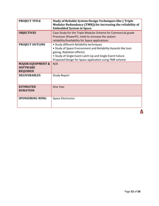 PROJECT TITLE     Study of Reliable System Design Techniques like ( Triple
                  Modular Redundancy (TMR)) for increasing the reliability of
                  Embedded System in Space
OBJECTIVES        Case Study for the Triple Modular Scheme for Commercial grade
                  Processor (PowerPC, intel) to increase the system
                  reliability/Availability for Space applications
PROJECT OUTLINE   • Study different Reliability techniques
                  • Study of Space Environment and Reliability Hazards like (out-
                  gasing, Radiation effects)
                  • Study of Single Event Latch Up and Single Event Failure
                  Proposed Design for Space application using TMR scheme
MAJOR EQUIPMENT & N/A
SOFTWARE
REQUIRED
DELIVERABLES      Study Report


ESTIMATED             One Year
DURATION

SPONSORING WING       Space Electronics




                                                                       Page 52 of 58
 