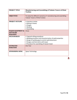 PROJECT TITLE          Manufacturing and Assembling of Tubular Towers of Wind
                       Turbine

OBJECTIVES             To study the different scenarios of manufacturing and assembling
                       Tubular Towers of Wind Turbine

PROJECT OUTLINE   • Literature review
                  • Rolling of sheets
                  • Flanges
                  • Welding
                  • Assembling
MAJOR EQUIPMENT & Ansys
SOFTWARE
REQUIRED
DELIVERABLES      • Tapered rolling procedures
                  • Welding procedure and characterization of weld properties
                  • Design of welding jigs to control weld distortions
                  • Flanges and their joints with tower
                  • Procedure for assembling of tubular tower
ESTIMATED         One Year
DURATION

SPONSORING WING        Space Technology




                                                                             Page 57 of 58
 