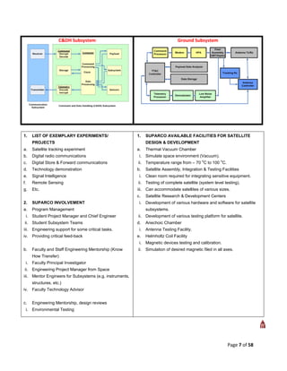 C&DH Subsystem                                               Ground Subsystem




1.    LIST OF EXEMPLARY EXPERIMENTS/                      1.    SUPARCO AVAILABLE FACILITIES FOR SATELLITE
      PROJECTS                                                  DESIGN & DEVELOPMENT
a.    Satellite tracking experiment                       a.    Thermal Vacuum Chamber
b.    Digital radio communications                         i.   Simulate space environment (Vacuum).
                                                                                               o          o
c.    Digital Store & Forward communications              ii.   Temperature range from – 70 C to 100 C.
d.    Technology demonstration                            b.    Satellite Assembly, Integration & Testing Facilities
e.    Signal Intelligence                                  i.   Clean room required for integrating sensitive equipment.
f.    Remote Sensing                                      ii.   Testing of complete satellite (system level testing).
g.    Etc.                                                iii. Can accommodate satellites of various sizes.
                                                          c.    Satellite Research & Development Centers
2.    SUPARCO INVOLVEMENT                                  i.   Development of various hardware and software for satellite
a.    Program Management                                        subsystems.
 i. Student Project Manager and Chief Engineer            ii.   Development of various testing platform for satellite.
 ii. Student Subsystem Teams                              d.    Anechoic Chamber
iii. Engineering support for some critical tasks.          i.   Antenna Testing Facility.
iv.   Providing critical feed-back                        e.    Helmholtz Coil Facility
                                                           i.   Magnetic devices testing and calibration.
b.    Faculty and Staff Engineering Mentorship (Know      ii.   Simulation of desired magnetic filed in all axes.
      How Transfer)
 i. Faculty Principal Investigator
 ii. Engineering Project Manager from Space
iii. Mentor Engineers for Subsystems (e.g. instruments,
      structures, etc.)
iv.   Faculty Technology Advisor


c.    Engineering Mentorship, design reviews
 i. Environmental Testing




                                                                                                              Page 7 of 58
 