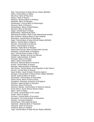 Mali: Central Bank of West African States (BCEAO)
Malta: Central Bank of Malta
Mauritius: Bank of Mauritius
Mexico: Bank o...