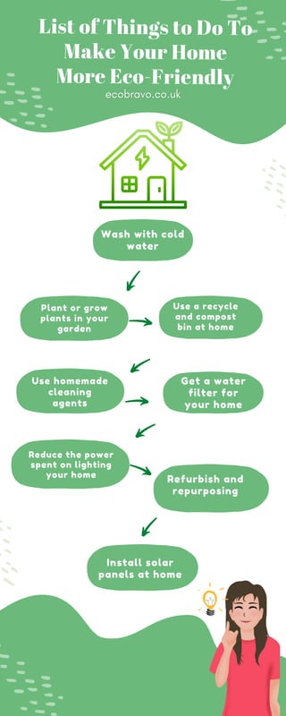 List of Things to Do To
Make Your Home
More Eco-Friendly
Wash with cold
water
Use a recycle
and compost
bin at home
Get a water
filter for
your home
Use homemade
cleaning
agents
ecobravo.co.uk
ecobravo.co.uk
Refurbish and
repurposing
Reduce the power
spent on lighting
your home
Install solar
panels at home
Plant or grow
plants in your
garden
 