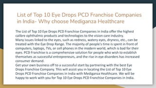 List of Top 10 Eye Drops PCD Franchise Companies
in India- Why choose Mediganza Healthcare
The List of Top 10 Eye Drops PC...