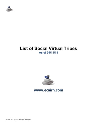 List of Social Virtual Communities
                                         As of 01/08/11




eCairn Inc. 2011 – All right reserved.
 
