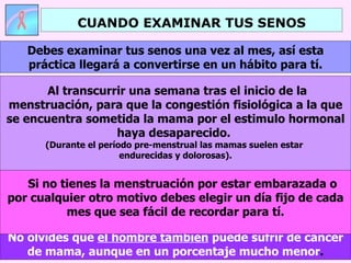 CUANDO EXAMINAR TUS SENOS

   Debes examinar tus senos una vez al mes, así esta
   práctica llegará a convertirse en un hábito para tí.

       Al transcurrir una semana tras el inicio de la
menstruación, para que la congestión fisiológica a la que
se encuentra sometida la mama por el estimulo hormonal
                   haya desaparecido.
      (Durante el período pre-menstrual las mamas suelen estar
                       endurecidas y dolorosas).


   Si no tienes la menstruación por estar embarazada o
por cualquier otro motivo debes elegir un día fijo de cada
          mes que sea fácil de recordar para tí.

No olvides que el hombre también puede sufrir de cáncer
   de mama, aunque en un porcentaje mucho menor.
 
