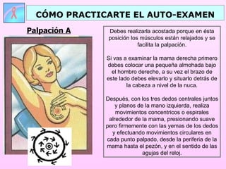 CÓMO PRACTICARTE EL AUTO-EXAMEN
Palpación A    Debes realizarla acostada porque en ésta
               posición los músculos están relajados y se
                           facilita la palpación.

              Si vas a examinar la mama derecha primero
              debes colocar una pequeña almohada bajo
                el hombro derecho, a su vez el brazo de
              este lado debes elevarlo y situarlo detrás de
                      la cabeza a nivel de la nuca.

              Después, con los tres dedos centrales juntos
                  y planos de la mano izquierda, realiza
                  movimientos concentricos o espirales
               alrededor de la mama, presionando suave
              pero firmemente con las yemas de los dedos
                y efectuando movimientos circulares en
              cada punto palpado, desde la periferia de la
              mama hasta el pezón, y en el sentido de las
                             agujas del reloj.
 