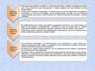 • 3.El nuevo orden global: se refiere a la construcción social y política del estado de cosas,
               sea en sus caras de mayor prosperidad o desde aquellas que nos enfrentan con las
               desigualdades .
 Distintos   • A pesar de los empeños neoliberales en convencernos de que la marginación, la pobreza y
puntos de      la exclusión no son sino el resultado de los merecimientos de cada uno, de la falta de
 enlace.       responsabilidad que busca la determinación por ciertas condiciones estructurales , sociales
               y políticas.




             • El neoliberalismo es la política que define el paradigma económico de nuestro tiempo: se
               trata de las política y procedimientos mediante los que se permite que un numero
               relativamente pequeño de intereses privados controle en todo lo posible la vida social .e
 Distintos   • Entendemos como el producto de la globalización omnipresente , que es el resultado de una
puntos de      política deliberada y ejercida a escala mundial.
 enlace.




             • 4.La revolución tecnológica , la reestructuración de la economía, la critica cultural que
               adquirió expresiones más visibles y populares en los movimientos sociales ,provocaron
 Distintos     transformaciones profundas en la producción.
puntos de    • Se guarda una relación todavía estrecha con la socialización de los sujetos y expresiones
 enlace.       de la construcción de la subjetividad.
             • Sociedad, cultura y educación son fenómenos estrechamente relacionados con las pautas,
               referentes, y contenidos de la sociedad de la información que busca claves decisivas para
               pensar y proyectar la educación desde diferentes puntos de vista que conlleven a mejorar la
               calidad educativa.
 