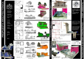 A1

-2.90

4.15

Aljibe
Patio

Fachada

PONTIFICIA
UNIVERSIDAD
JAVERIANA

3.00

PONTIFICIA
Sala
UNIVERSIDAD
JAVERIANA

1.50

Corte A-1

Samir Eduardo
Chadid

Samir Eduardo
Chadid

2.00

Terraza

Vivienda con dos
habitaciones, cocina exterior,
patio, terraza y aljibe. Calado

Contiene:
4.00
3.00
Tipos de vivienda
propuestosESC: 1/50
Planta

Contiene:

Fachada lateral derecha

VIVIENDA TIPO C-1

41,15

Cocina

Vientos
procedentes N-NE

La
vivienda
cuenta
con
elementos que permiten un flujo
de aire por
para
mejorar los
de
conforte.
Se encuentra enfilada al N-NE
aprovechando los vientos
predominantes.
Aljibe

cruzada

VIVIENDA TIPO C-2

Detalles de aljibe
y bomba

Tipos de
vivienda
propuestos

Detalles
constructivos

Detalles de aljibe
y bomba

Escala:
Indicada

Sistema
constructivo

Aljibe

Patio
-2.90

Fachada

Pliego N.

5

Cocina

Recolector de agua
Sala

2013

Escala:
Indicada

SISTEMA CONSTRUCTIVO & TECNOLOGIA

1

A2

Corte A-2

Pliego N.

5
Vivienda con dos habitaciones, cocina
exterior, patio, terraza bodega y aljibe.

2013

Se ha determinado el uso del sistema
constructivo
por
MUROS
CONFINADOS ya que es el
usado por los habitantes del municipio,
por la facilidad de
y el
bajo costo que representa

2
3
Canal y
bajante

es utilizado, de forma rudimentaria por
habitantes del municipio de Galapa,

sistema llamado Tlaloque, una

4

Tlaloque
5

6

Es necesario que la manguera de
y el
tubo de 2" que viene del tlaloque
elevados
para evitar
del agua con el
sedimento del fondo

A

B

C

Manguera flotante

Aljibe
Patio

Cocina

Fachada
Sala

Posibilidad de crecimiento en el
tiempo
Codo 2" y buje
Corte A-2

Planta ESC: 1/50
Fachada lateral derecha

VIVIENDA TIPO C-3

Tlaloque : Separador de primeras lluvias. Se encarga de separar la

-2.90

do

7

cruzada

Vivienda con dos habitaciones, cocina
exterior, patio, terraza arborizada

Bomba y filtro de

Bajante, Canal PVC tipo DURMAN

Primera limpieza de agua y sistema de
activado.

lluvias

 