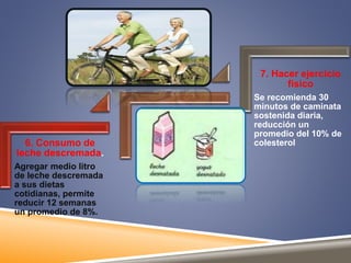 6. Consumo de 
leche descremada. 
Agregar medio litro 
de leche descremada 
a sus dietas 
cotidianas, permite 
reducir 12 semanas 
un promedio de 8%. 
7. Hacer ejercicio 
físico 
Se recomienda 30 
minutos de caminata 
sostenida diaria, 
reducción un 
promedio del 10% de 
colesterol 
 
