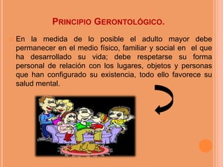 PRINCIPIO GERONTOLÓGICO.


En la medida de lo posible el adulto mayor debe
permanecer en el medio físico, familiar y social en el que
ha desarrollado su vida; debe respetarse su forma
personal de relación con los lugares, objetos y personas
que han configurado su existencia, todo ello favorece su
salud mental.

 