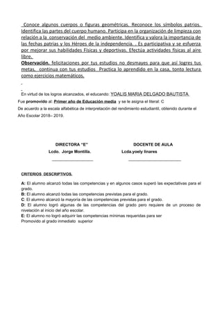 Conoce algunos cuerpos o figuras geométricas. Reconoce los símbolos patrios.
Identifica las partes del cuerpo humano. Participa en la organización de limpieza con
relación a la conservación del medio ambiente. Identifica y valora la importancia de
las fechas patrias y los Héroes de la independencia. . Es participativa y se esfuerza
por mejorar sus habilidades Físicas y deportivas. Efectúa actividades físicas al aire
libre.
Observación. felicitaciones por tus estudios no desmayes para que así logres tus
metas, continua con tus estudios Practica lo aprendido en la casa, tonto lectura
como ejercicios matemáticos.
En virtud de los logros alcanzados, el educando: YOALIS MARIA DELGADO BAUTISTA
Fue promovido al: Primer año de Educación media y se le asigna el literal: C
De acuerdo a la escala alfabética de interpretación del rendimiento estudiantil, obtenido durante el
Año Escolar 2018– 2019.
DIRECTORA “E” DOCENTE DE AULA
Lcdo. Jorge Montilla. Lcda.yoely linares
__________________ _______________________
CRITERIOS DESCRIPTIVOS.
A: El alumno alcanzó todas las competencias y en algunos casos superó las expectativas para el
grado.
B: El alumno alcanzó todas las competencias previstas para el grado.
C: El alumno alcanzó la mayoría de las competencias previstas para el grado.
D: El alumno logró algunas de las competencias del grado pero requiere de un proceso de
nivelación al inicio del año escolar.
E: El alumno no logró adquirir las competencias mínimas requeridas para ser
Promovido al grado inmediato superior
 