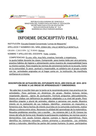 REPÚBLICA BOLIVARIANA DE VENEZUELA
MINISTERIO DEL PODER POPULAR PARA LA EDUCACIÓN
SECRETARIA EJECUTIVA DE EDUCACIÓN
NÚCLEO ESCOLAR RURAL Nº 15-A
BARRANCAS-CRUZ PAREDES-BARINAS
INFORME DESCRIPTIVO FINAL
INSTITUCIÓN: Escuela Estadal Concentrada “Lomas de Masparrito”
APELLIDOS Y NOMBRES DEL NIÑA: ERIKA DEL VALLE MONTILLA MONTILLA
GRADO: 1º SECCIÓN: “U” TURNO: Mañana
NOMBRE Y APELLIDO DEL DOCENTE: Yoely Linares
COMPETENCIAS: Es una niña muy feliz, creativa, honrada y respetuosa.
Le gusta hablar durante las clases. Comprende poco textos leído por otra persona,
practica hábitos de higiene y alimentación como muestra de responsabilidad hacia
su mismo cuerpo. Poco respeta las normas de convivencia tanto en la escuela, Como
en la comunidad. Es poco puntual y responsable, es solidaria con el grupo cumple
con las actividades asignadas en el hogar como en la institución. No manifiesta
confianza en si misma.
DESCRIPCIÓN DE ACTUACIÓN DEL ESTUDIANTE EN EL AÑO ESCOLAR 2018 -2019
EN BASE A LAS ÁREAS DE APRENDIZAJES Y DIMENSIONES.
No sabe leer ni escribir bien por lo tanto se le recomienda poner mas practica en las
actividades. Poco participa en dinámicas de grupo. Realiza lecturas lentas
respetando algunos signos de puntuación. Formula preguntas adecuadamente.
Separa en silabas con deficiencia las palabras adaptadas a su nivel del grado. Poco
identifica singular y plural de animales, objetos o personas con ayuda. Muestra
interés en la realización de sus trabajos. Identifica oraciones en masculino y
femenino oral. Narra hechos de interés ocurridos en la comunida oralmente, realiza
dibujos y colorea entre otros. Reconoce la utilidad del aprendizaje de la matemática.
Resuelve problemas sencillos. Lee y escribe los números del 1 al 50. Conoce los
meses del año de forma oral. Respeta la participación ciudadana, las normas social y
democrática. Con ayuda Conoce algunos cuerpos o figuras geométricas. Poco
identifica los números naturales, colores primarios y secundarios Los símbolos
patrios y naturales. Identifica las partes del cuerpo humano. Es poco participativa
 