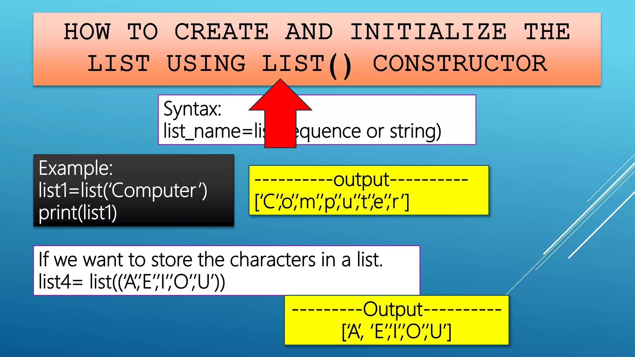 HOW TO CREATE AND INITIALIZE THE
LIST USING LIST() CONSTRUCTOR
Syntax:
list_name=list(sequence or string)
Example:
list1=list(‘Computer’)
print(list1)
----------output----------
[‘C’,’o’,’m’,’p’,’u’,’t’,’e’,’r’]
If we want to store the characters in a list.
list4= list((‘A’,’E’,’I’,’O’,’U’))
---------Output----------
[‘A’, ‘E’,’I’,’O’,’U’]
 