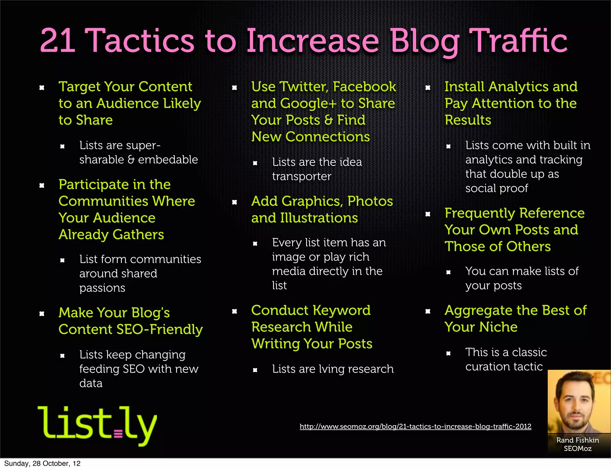 21 Tactics to Increase Blog Traﬃc
               Target Your Content           Use Twitter, Facebook                           Install Analytics and
               to an Audience Likely         and Google+ to Share                            Pay Attention to the
               to Share                      Your Posts & Find                               Results
                                             New Connections
                     Lists are super-                                                              Lists come with built in
                     sharable & embedable       Lists are the idea                                 analytics and tracking
                                                transporter                                        that double up as
               Participate in the                                                                  social proof
               Communities Where             Add Graphics, Photos
               Your Audience                 and Illustrations                               Frequently Reference
               Already Gathers                                                               Your Own Posts and
                                                Every list item has an                       Those of Others
                     List form communities      image or play rich
                     around shared              media directly in the                              You can make lists of
                     passions                   list                                               your posts

               Make Your Blog's              Conduct Keyword                                 Aggregate the Best of
               Content SEO-Friendly          Research While                                  Your Niche
                                             Writing Your Posts
                     Lists keep changing                                                           This is a classic
                     feeding SEO with new       Lists are lving research                           curation tactic
                     data


                                                     http://www.seomoz.org/blog/21-tactics-to-increase-blog-traﬃc-2012
                                                                                                                         Rand Fishkin
                                                                                                                           SEOMoz

Sunday, 28 October, 12
 