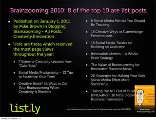 Brainzooning 2010: 8 of the top 10 are list posts
             Published on January 1, 2011                                  6 Social Media Metrics You Should
             by Mike Brown in Blogging,                                    Be Tracking
             Brainzooming - All Posts,                                     16 Creative Ways to Supercharge
             Creativity,Innovation                                         Presentations

             Here are those which received                                 16 Social Media Tactics for
                                                                           Building an Audience
             the most page views
             throughout the year:                                          Innovation Metrics – A Whole
                                                                           Brain Strategy
                   7 Extreme Creativity Lessons from
                   “Cake Boss”                                             The Value of Brainstorming for
                                                                           Innovative Business Ideas
                   Social Media Productivity – 13 Tips
                   to Maximize Your Time                                   20 Strategies for Making Your Solo
                                                                           Social Media Eﬀort More
                   Creative Block? 26 Ways to Get                          Successful
                   Your Brainzooming When
                   Creativity Is Blocked                                   “Taking the NO Out of Business
                                                                           InNOvation” 10 NO’s Blocking
                                                                           Business Innovation

                                                 http://brainzooming.com/your-top-10-brainzooming-posts-for-2010/5873/       Mike Brown -
                                                                                                                         BrainZoooming.com


Sunday, 28 October, 12
 