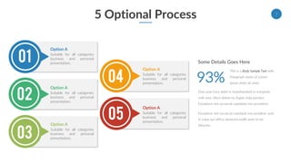 5 Optional Process
This is a Body Sample Text with
Paragraph styles of Lorem
ipsum dolor sit amet.
Some Details Goes Here
Duis aute irure dolor in reprehenderit in voluptate
velit esse cillum dolore eu fugiat nulla pariatur.
Excepteur sint occaecat cupidatat non provident.
Excepteur sint occaecat cupidatat non proident, sunt
in culpa qui officia deserunt mollit anim id est
laborum.
93%
03
02
01
05
04
Suitable for all categories
business and personal
presentation.
Option A
Suitable for all categories
business and personal
presentation.
Option A
Suitable for all categories
business and personal
presentation.
Option A
Suitable for all categories
business and personal
presentation.
Option A
Suitable for all categories
business and personal
presentation.
Option A
7
 