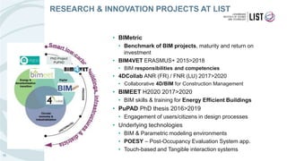 • BIMetric
• Benchmark of BIM projects, maturity and return on
investment
• BIM4VET ERASMUS+ 2015>2018
• BIM responsibilities and competencies
• 4DCollab ANR (FR) / FNR (LU) 2017>2020
• Collaborative 4D/BIM for Construction Management
• BIMEET H2020 2017>2020
• BIM skills & training for Energy Efficient Buildings
• PuPAD PhD thesis 2016>2019
• Engagement of users/citizens in design processes
• Underlying technologies
• BIM & Parametric modeling environments
• POESY – Post-Occupancy Evaluation System app.
• Touch-based and Tangible interaction systems
10
RESEARCH & INNOVATION PROJECTS AT LIST
PhD Project
PuPAD
 