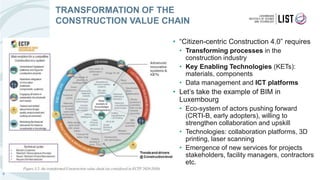 8
TRANSFORMATION OF THE
CONSTRUCTION VALUE CHAIN
• “Citizen-centric Construction 4.0” requires
• Transforming processes in the
construction industry
• Key Enabling Technologies (KETs):
materials, components
• Data management and ICT platforms
• Let’s take the example of BIM in
Luxembourg
• Eco-system of actors pushing forward
(CRTI-B, early adopters), willing to
strengthen collaboration and upskill
• Technologies: collaboration platforms, 3D
printing, laser scanning
• Emergence of new services for projects
stakeholders, facility managers, contractors
etc.
 