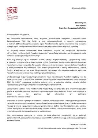 6 listopada 2023 r.
Szanowny Pan
Andrzej Duda
Prezydent Rzeczpospolitej Polskiej
Szanowny Panie Prezydencie,
My Starostowi...