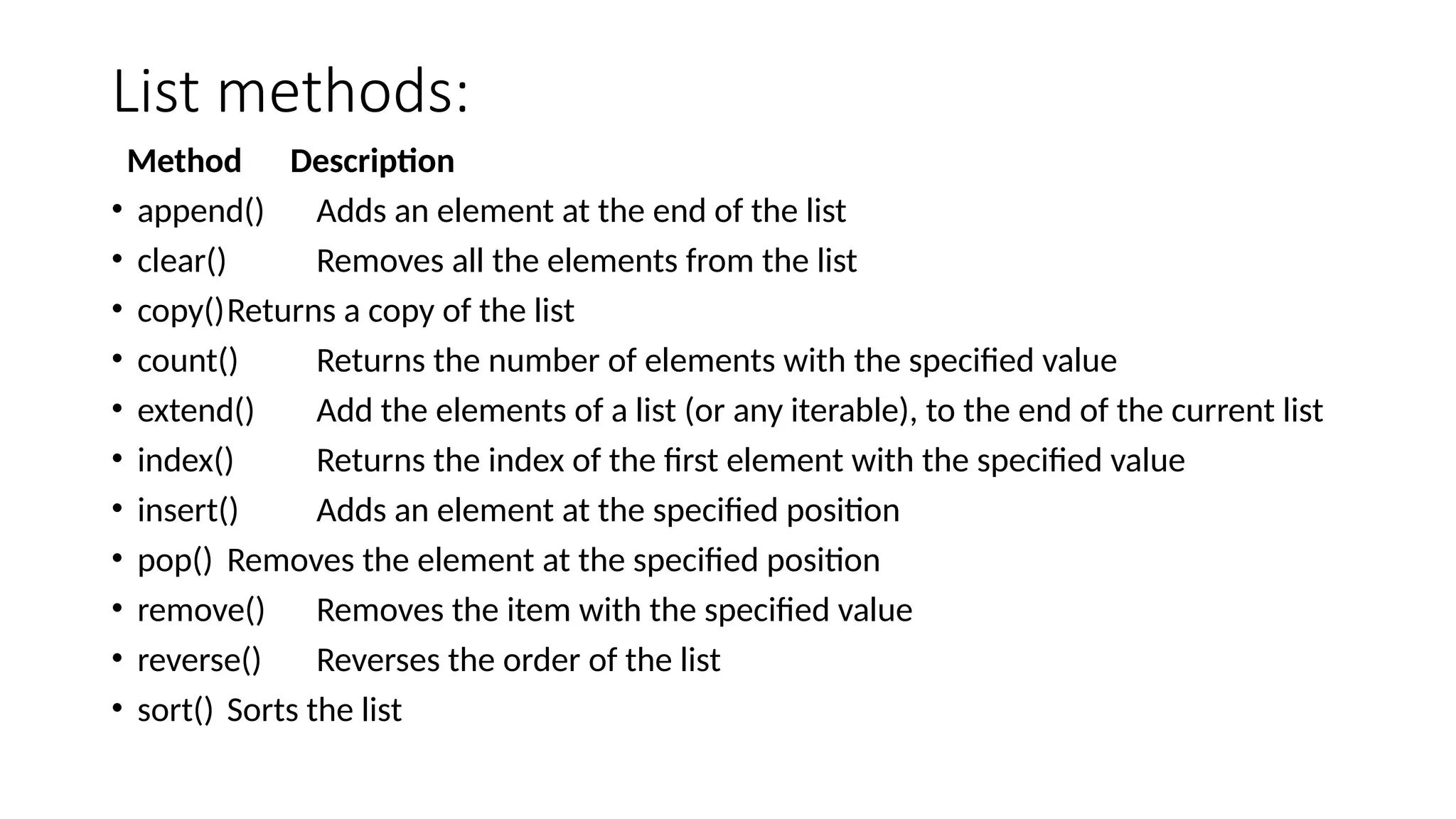 List methods: Method Description • append() Adds an element at the end of the list • clear() Removes all the elements from the list • copy()Returns a copy of the list • count() Returns the number of elements with the specified value • extend() Add the elements of a list (or any iterable), to the end of the current list • index() Returns the index of the first element with the specified value • insert() Adds an element at the specified position • pop() Removes the element at the specified position • remove() Removes the item with the specified value • reverse() Reverses the order of the list • sort() Sorts the list 