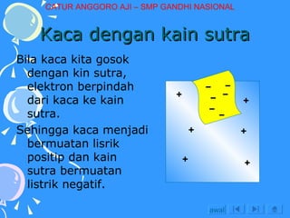 Kaca dengan kain sutra Bila kaca kita gosok dengan kin sutra, elektron berpindah dari kaca ke kain sutra. Sehingga kaca menjadi bermuatan lisrik positip dan kain sutra bermuatan listrik negatif. awal CATUR ANGGORO AJI – SMP GANDHI NASIONAL 