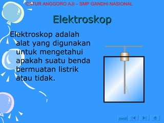 Elektroskop Elektroskop adalah alat yang digunakan untuk mengetahui apakah suatu benda bermuatan listrik atau tidak. awal CATUR ANGGORO AJI – SMP GANDHI NASIONAL 