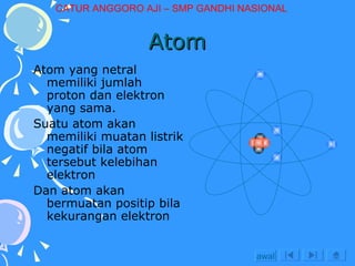 Atom Atom yang netral memiliki jumlah proton dan elektron yang sama. Suatu atom akan memiliki muatan listrik negatif bila atom tersebut kelebihan elektron Dan atom akan bermuatan positip bila kekurangan elektron awal CATUR ANGGORO AJI – SMP GANDHI NASIONAL 