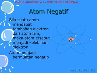 Atom Negatif Bila suatu atom mendapat tambahan elektron dari atom lain, maka atom ersebut menjadi kelebihan elektron Atom menjadi bermuatan negatip awal CATUR ANGGORO AJI – SMP GANDHI NASIONAL 