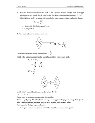 Listrik Statis adiwarsito.wordpress.com 
- Besarnya kuat medan listrik di titik P dan S sama seperti halnya bola berongga 
bermuatan; tetapi untuk titik R kuat medan listriknya tidak sama dengan nol. ER = 0 
- Bila titik R berjarak r terhadap titik pusat bola, maka besarnya kuat medan listriknya : 
E = k Q . 
r 
R R 3 
r = jarak titik R terhadap pusat bola 
R = jari-jari bola. 
3. Kuat medan disekitar pelat bermuatan. 
Ep = s 
2e 0 
- muatan-muatan persatuan luas pelat (s = Q 
A ) 
Bila 2 pelat sejajar; dengan muatan sama besar; tetapi berlawanan tanda. 
E E E P = + 1 2 
= + s s 
2e 2e 0 0 
EP = s e 0 
Untuk titik P yang tidak di antara kedua pelat. E = 0 
GARIS GAYA. 
Suatu garis gaya (dalam suatu medan listrik) ialah: 
Garis khayal yang ditarik sedemikian rupa sehingga arahnya pada setiap detik (yaitu 
arah garis singgungnya) sama dengan arah medan pada titik tersebut. 
Beberapa sifat dari garis gaya adalah : 
- Garis gaya berasal dari muatan positif dan berakhir pada muatan negatif. 
 