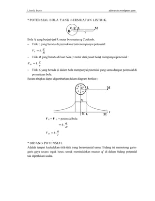 Listrik Statis adiwarsito.wordpress.com 
* POTENSIAL BOLA YANG BERMUATAN LISTRIK. 
Bola A yang berjari-jari R meter bermuatan q Coulomb. 
- Titik L yang berada di permukaan bola mempunyai potensial: 
V k q 
L R = . 
- Titik M yang berada di luar bola (r meter dari pusat bola) mempunyai potensial : 
V k q 
M r = . 
- Titik K yang berada di dalam bola mempunyai potensial yang sama dengan potensial di 
permukaan bola. 
Secara ringkas dapat digambarkan dalam diagram berikut : 
V K = V L = potensial bola 
=k q 
R 
. 
V k q 
M r = . 
* BIDANG POTENSIAL 
Adalah tempat kedudukan titik-titik yang berpotensial sama. Bidang ini memotong garis-garis 
gaya secara tegak lurus; untuk memindahkan muatan q’ di dalam bidang potensial 
tak diperlukan usaha. 
 