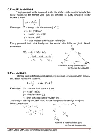 Listrik Statis-SMA kelas XII-delthawati99@gmail.com 4
C. Energi Potensial Listrik
Energi potensial suatu muatan di suatu titik adalah usaha untuk memindahkan
suatu muatan uji dari tempat yang jauh tak terhingga ke suatu tempat di sekitar
muatan sumber.
r
qq
kEP
'.

Keterangan: EP energi potensial muatan uji 'q (J)
k 9
109  Nm2
/C2
q muatan sumber (C)
'q muatan uji (C)
r jarak muatan uji ke muatan sumber (m)
Energi potensial total untuk konfigurasi tiga muatan atau lebih mengikuti bentuk
persamaan:








23
32
13
31
12
21
231312
...
r
qq
r
qq
r
qq
k
EPEPEPEPtot
Gambar 7. Energi potensial pada
konfigurasi 3 muatan titik
D. Potensial Listrik
Potensial listrik didefinisikan sebagai energi potensial persatuan muatan di suatu
titik. Besar potensial di suatu titik:
'q
EP
V  maka
r
q
kV 
Keterangan: V potensial listrik pada r ( volt )
k 9
109  Nm2
/C2
q muatan sumber (C)
r jarak terhadap sumber muatan (m)
Jika terdapat beberapa muatan listrik, maka besar potensial listriknya mengikuti
bentuk persamaan:








3
3
2
2
1
1
321
r
q
r
q
r
q
k
VVVVA
Gambar 8. Potensial listrik pada
konfigurasi 3 muatan titik
+
+
+
 