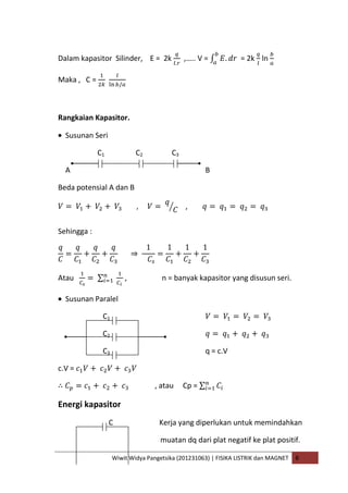 Wiwit Widya Pangetsika (201231063) | FISIKA LISTRIK dan MAGNET B
Dalam kapasitor Silinder, E = 2k ,….. V = = 2k ln
Maka , C =
Rangkaian Kapasitor.
Susunan Seri
C1 C2 C3
A B
Beda potensial A dan B
,
Sehingga :
Atau , n = banyak kapasitor yang disusun seri.
Susunan Paralel
C1
C2
C3 q = c.V
c.V =
, atau Cp =
Energi kapasitor
C Kerja yang diperlukan untuk memindahkan
muatan dq dari plat negatif ke plat positif.
 