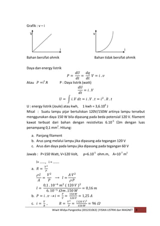Wiwit Widya Pangestika (201231063) |FISIKA LISTRIK dan MAGNET B
Grafik : v – i
V v
i i
Bahan bersifat ohmik Bahan tidak bersifat ohmik
Daya dan energy listrik
Atau i2
.R P : Daya listrik (watt)
U : energy listrik (Joule) atau kwh, 1 kwh = 3,6.106
J
Misal : Suatu lampu pijar bertuliskan 120V/150W artinya lampu tersebut
menggunakan daya 150 W bila dipasang pada beda potensial 120 V. filament
kawat terbuat dari bahan dengan resistivitas 6.10-5
m dengan luas
penampang 0,1 mm2
. Hitung:
a. Panjang filament
b. Arus yang melalui lampu jika dipasang ada tegangan 120 V
c. Arus dan daya pada lampu jika dipasang pada tegangan 60 V
Jawab : P=150 Watt, V=120 Volt, ρ=6.10-5
ohm.m, A=10-7
m2
l= ……, i = …….
a.
b.
c.
 