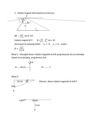 1. Induksi magnet oleh kawat lurus berarus
P
θ1
θ2
a
i
dB =
Induksi magnet di P : B =
Jika kawat itu panjang sekali :
Misal 1: Hitunglah besar induksi magnetik di titik yang berjarak 16 cm terhadap
kawat lurus panjang yang berarus 8 A.
i 8 A
● ……16 cm…….. B = ……. ?
Misal 2:
12 cm 8A Ditanya : Besar induksi magnetik di titik P
6cm
P
i=8 A 20 cm
5 cm
P
 