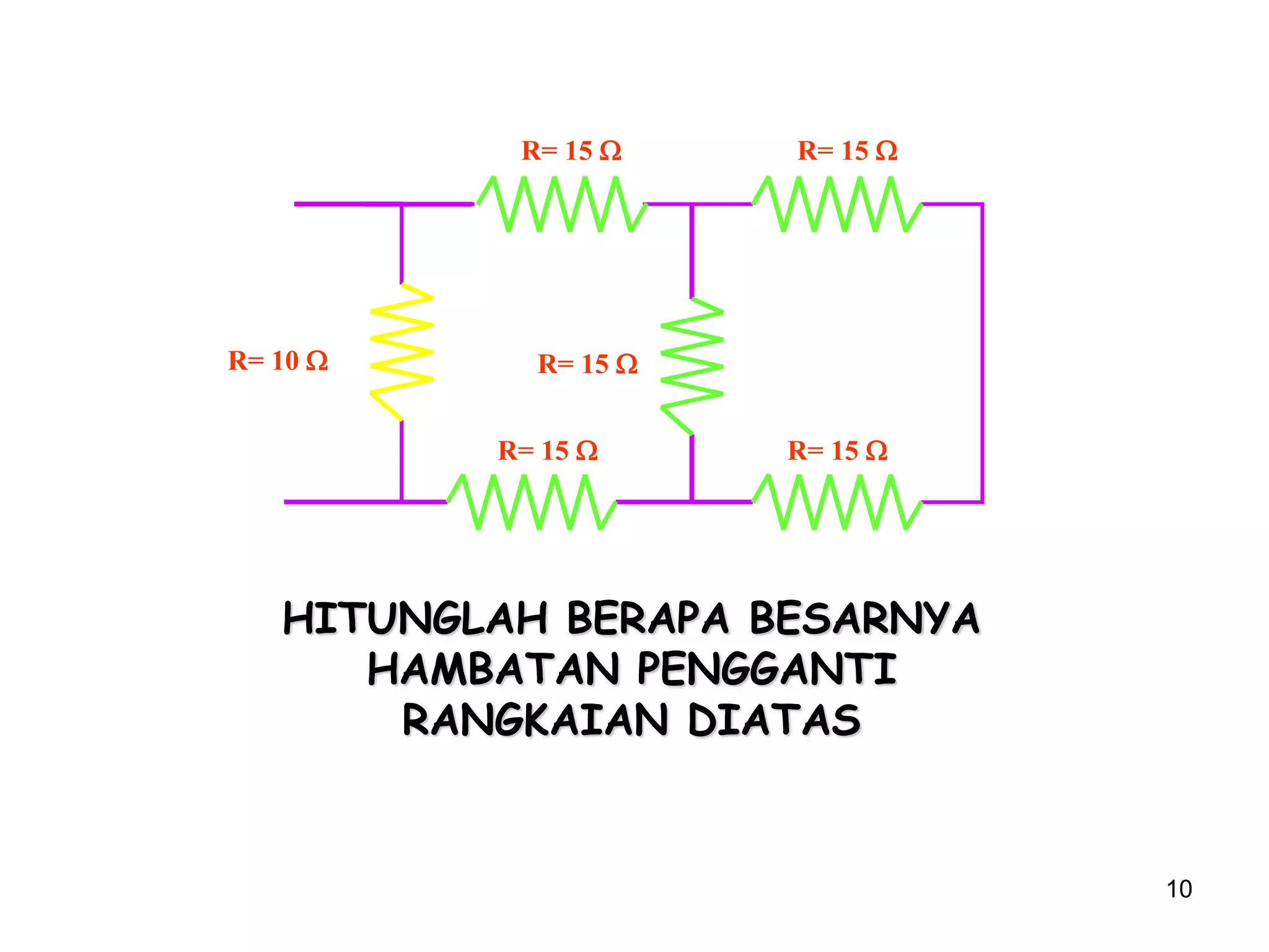 10
R= 15 W
R= 15 W
R= 15 W R= 15 W
R= 15 W
R= 10 W
HITUNGLAH BERAPA BESARNYA
HAMBATAN PENGGANTI
RANGKAIAN DIATAS
 