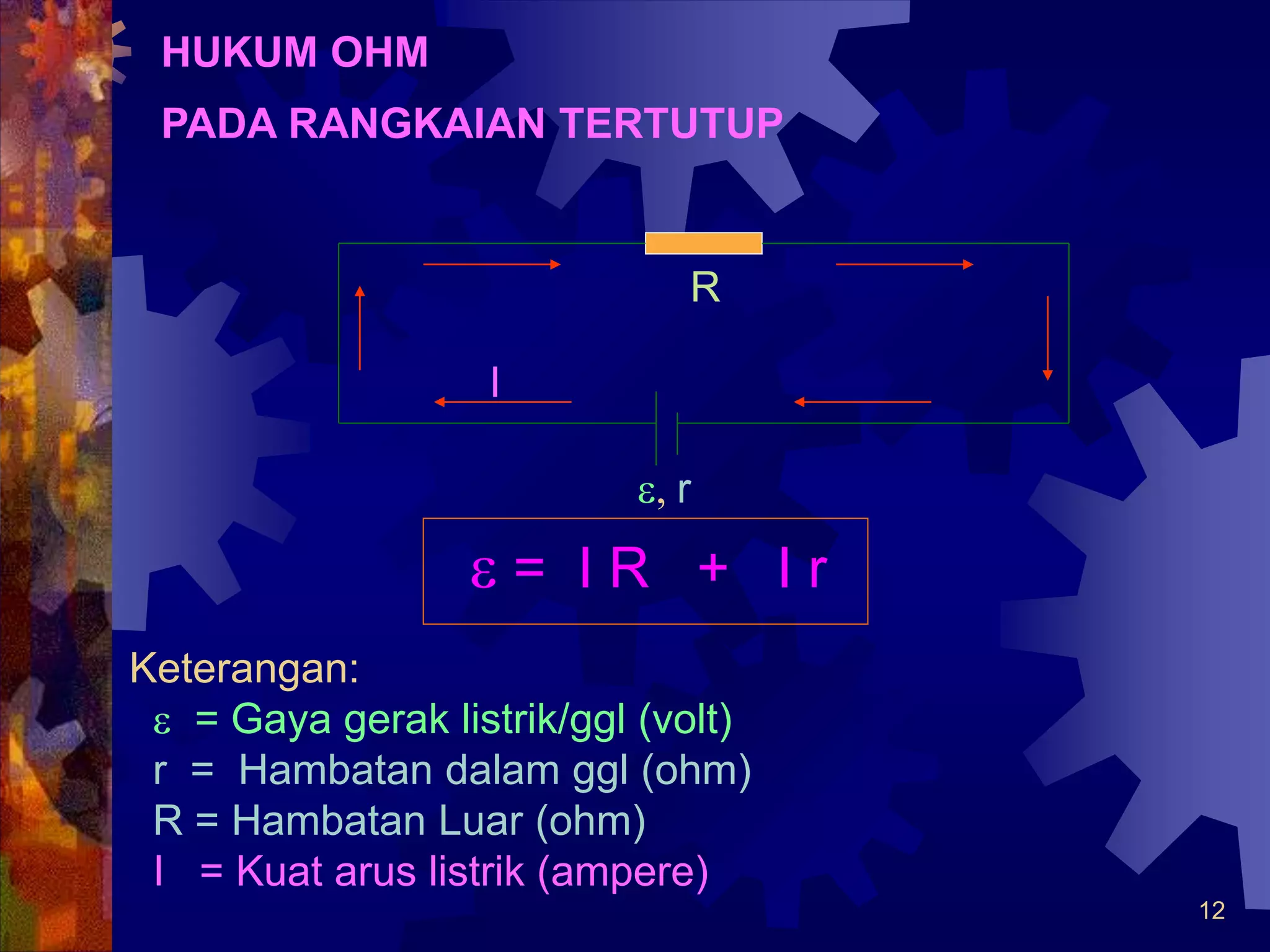 12
HUKUM OHM
PADA RANGKAIAN TERTUTUP
e = I R + I r
R
e, r
I
Keterangan:
e = Gaya gerak listrik/ggl (volt)
r = Hambatan dalam ggl (ohm)
R = Hambatan Luar (ohm)
I = Kuat arus listrik (ampere)
 