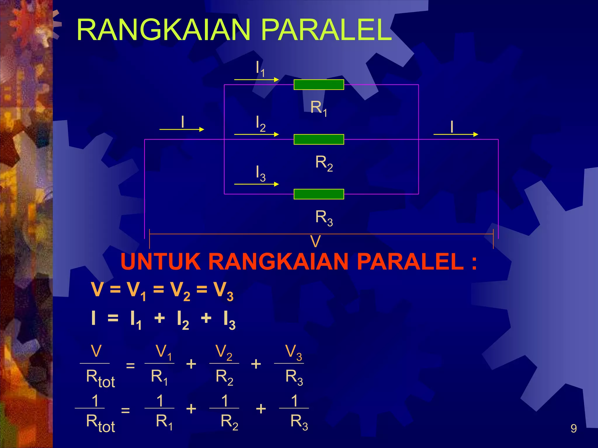 9
RANGKAIAN PARALEL
UNTUK RANGKAIAN PARALEL :
R1
R2
R3
V
I3
I1
I2 I
V = V1 = V2 = V3
I = I1 + I2 + I3
V
R1 R2 R3
I
1
V1 V2 V3
Rtot
+
= +
Rtot R1 R2 R3
1 1 1
= + +
 