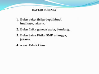DAFTAR PUSTAKA


1. Buku paket fisika depdikbud,
   budikase, jakarta.
2. Buku fisika ganeca exact, bandung.
3. Buku Sains Fisika SMP erlangga,
   jakarta.
4. www..Ednik.Com
 