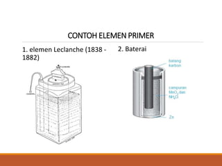 CONTOH ELEMEN PRIMER
1. elemen Leclanche (1838 -
1882)
2. Baterai
 