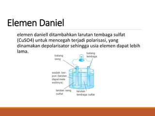 Elemen Daniel
elemen daniell ditambahkan larutan tembaga sulfat
(CuSO4) untuk mencegah terjadi polarisasi, yang
dinamakan depolarisator sehingga usia elemen dapat lebih
lama.
 