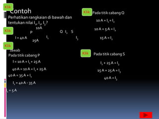 Klik
    Contoh                                           Klik Pada titik cabang Q
1. Perhatikan rangkaian di bawah dan
                                                             10 A + I1 = I2
   tentukan nilai I1, I2, I3 ?
                           10A                              10 A + 5 A = I2
 Klik               P                  Q I2 S
         I = 40 A                 I1            I3             15 A = I2
                      25A
 Klik
    Jawab
                                                     Klik   Pada titik cabang S
   Pada titik cabang P
        I = 10 A + I1 + 25 A                                    I2 + 25 A = I3
        40 A = 10 A + I1 + 25 A                               15 A + 25 A = I3
   40 A = 35 A + I1
                                                                   40 A = I3
        I1 = 40 A - 35 A
 I1 = 5 A
 
