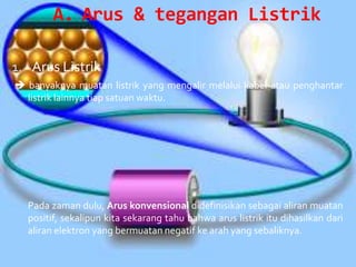 A. Arus & tegangan Listrik

1. Arus Listrik
 banyaknya muatan listrik yang mengalir melalui kabel atau penghantar
  listrik lainnya tiap satuan waktu.




  Pada zaman dulu, Arus konvensional didefinisikan sebagai aliran muatan
  positif, sekalipun kita sekarang tahu bahwa arus listrik itu dihasilkan dari
  aliran elektron yang bermuatan negatif ke arah yang sebaliknya.
 
