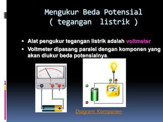 Mengukur Beda Potensial
         ( tegangan listrik )

 Alat pengukur tegangan listrik adalah voltmeter
 Voltmeter dipasang paralel dengan komponen yang
  akan diukur beda potensialnya.




                    Diagram Komponen
 