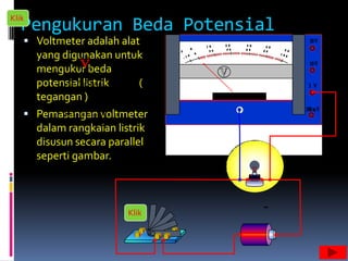 Klik
   Pengukuran Beda Potensial
    Voltmeter adalah alat
     yang digunakan untuk
     mengukur beda
     potensial listrik     (
     tegangan )
    Pemasangan voltmeter
     dalam rangkaian listrik
     disusun secara parallel
     seperti gambar.



                        Klik
 