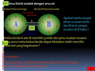 Klik   Arus listrik analok dengan arus air
Benda A Potensial tinggi           Benda B Potensial rendah
                    Arus listrik

                       Konduktor                              Apakah ketika terjadi
                                                              aliran muatan listrik
                                                              dari B ke A sampai
                           Klik
                                                              muatan di B habis ?
                    Arus elektron
 Ketika benda A dan B memiliki jumlah dan jenis muatan muatan
 yang sama maka kedua benda dapat dikatakan telah memiliki
Klik
 potensial yang bagaimana ?
Arus listrik dapat mengalir jika ada beda potensial
Kesimpulan
Dua syarat apa yang harus dipenuhi agar arus listrik dapat
mengalir dalam suatu rangkaian ?
 