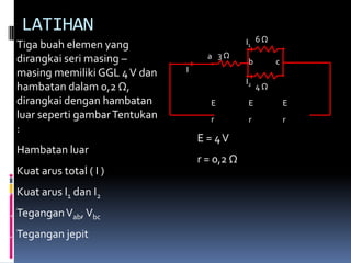 LATIHAN
   Tiga buah elemen yang                          I1 6 Ω
   dirangkai seri masing –              a 3Ω
                                                   b        c
   masing memiliki GGL 4 V dan    I
                                                  I2
   hambatan dalam 0,2 Ω,                               4Ω
   dirangkai dengan hambatan             E         E            E
   luar seperti gambar Tentukan          r         r            r
   :
                                      E = 4V
a. Hambatan luar
                                      r = 0,2 Ω
b. Kuat arus total ( I )
c. Kuat arus I1 dan I2
d. Tegangan Vab, Vbc
e. Tegangan jepit
 