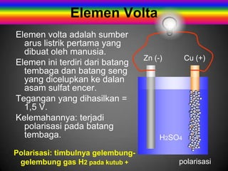 Elemen Volta
Elemen volta adalah sumber
  arus listrik pertama yang
  dibuat oleh manusia.
                                   Zn (-)       Cu (+)
Elemen ini terdiri dari batang
  tembaga dan batang seng
  yang dicelupkan ke dalan
  asam sulfat encer.
Tegangan yang dihasilkan =
  1,5 V.
Kelemahannya: terjadi
  polarisasi pada batang
  tembaga.                              H2SO4

Polarisasi: timbulnya gelembung-
 gelembung gas H2 pada kutub +              polarisasi
 